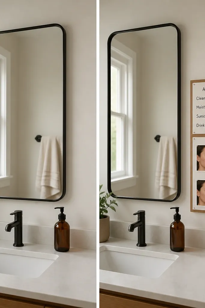 Before: a plain mirror with no overlay. After: a small board beside the sink shows a vertical routine strip (AM/PM) with checkboxes, and a “before after” style tracker with two rows labeled “Week 1” and “Week 4.”