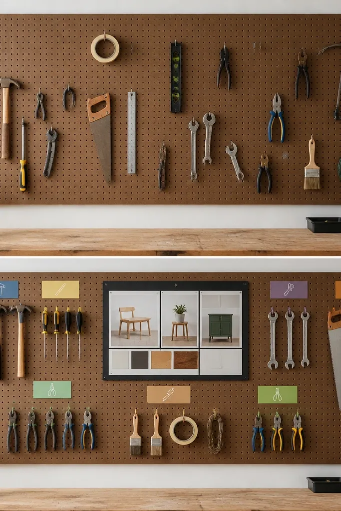 Before: a pegboard with tools hanging randomly and no labels. After: the pegboard includes a central vision board section with printed project goals, plus color-coded hooks and labeled tool cards that match each project category.