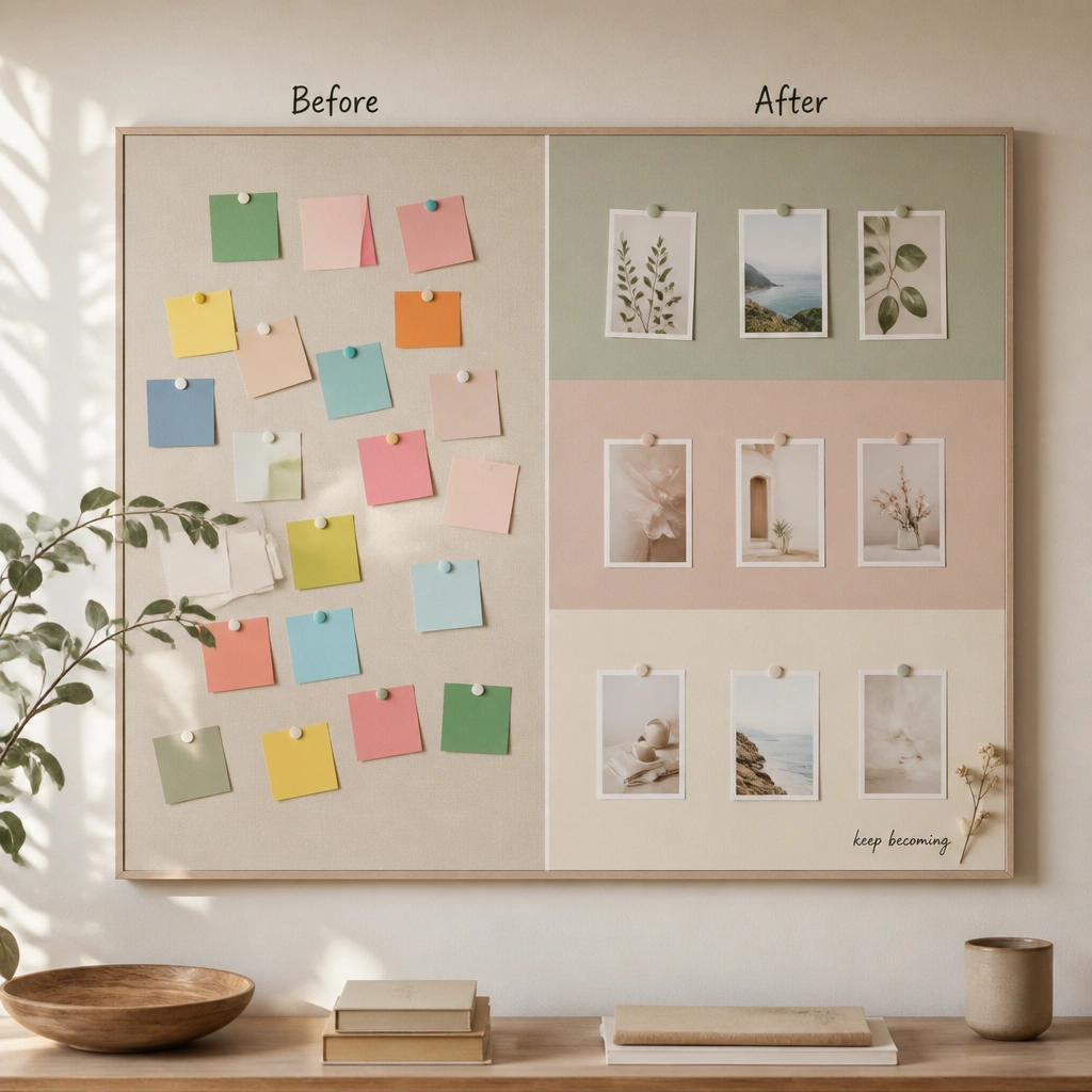 A wall board divided into three colored sections: before has multicolor sticky notes scattered; after has pastel blocks (sage, blush, cream) with photos placed only within matching color bands and a small handwritten mantra in one corner.