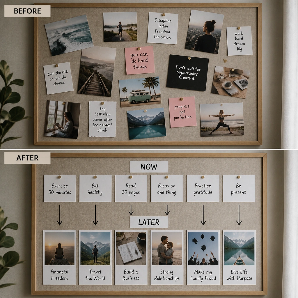 A board split horizontally: before has photos and quotes scattered randomly; after has a clear top row labeled “Now” with daily goals and a bottom row labeled “Later” with long-term goals, plus arrows pointing downward between sections.