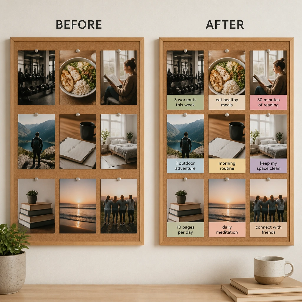 A before board shows photos only; after shows each photo with a tiny caption strip in coordinating colors, like “3 workouts this week” under a gym photo and “email 1 application” under a career photo, with neat alignment.
