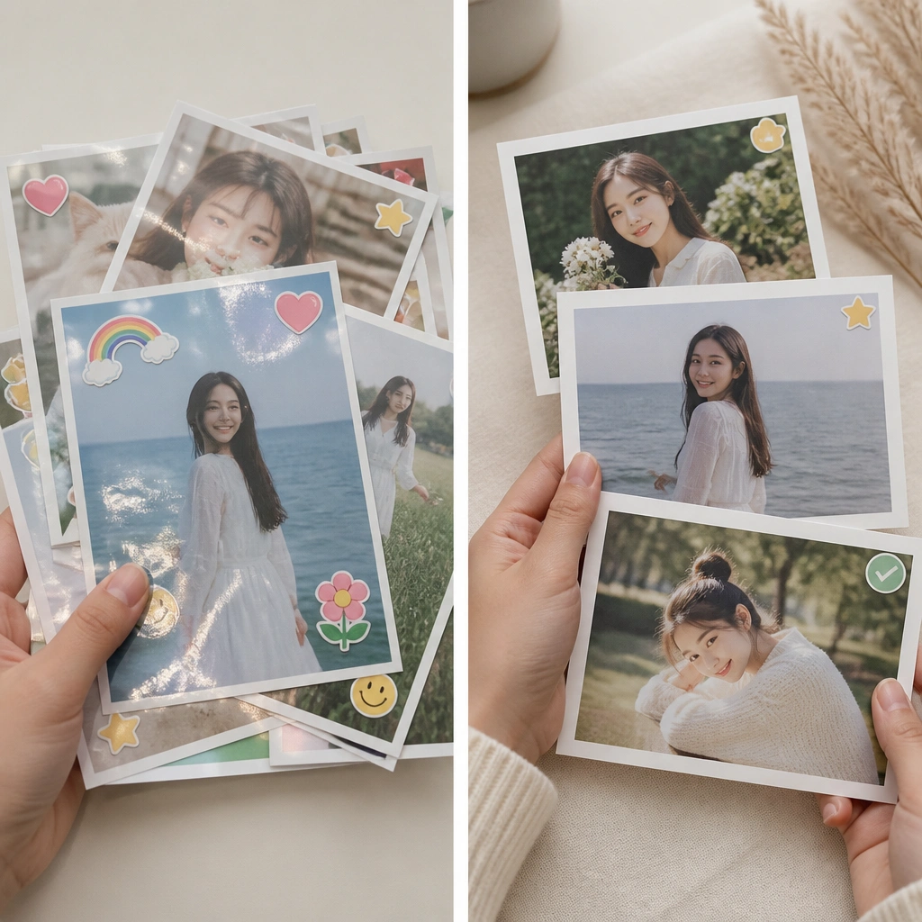 Before shows glossy stickers overlapping photos; after shows matte-finish photo prints with only a few flat sticker accents (stars and check icons) placed in the corners of frames.