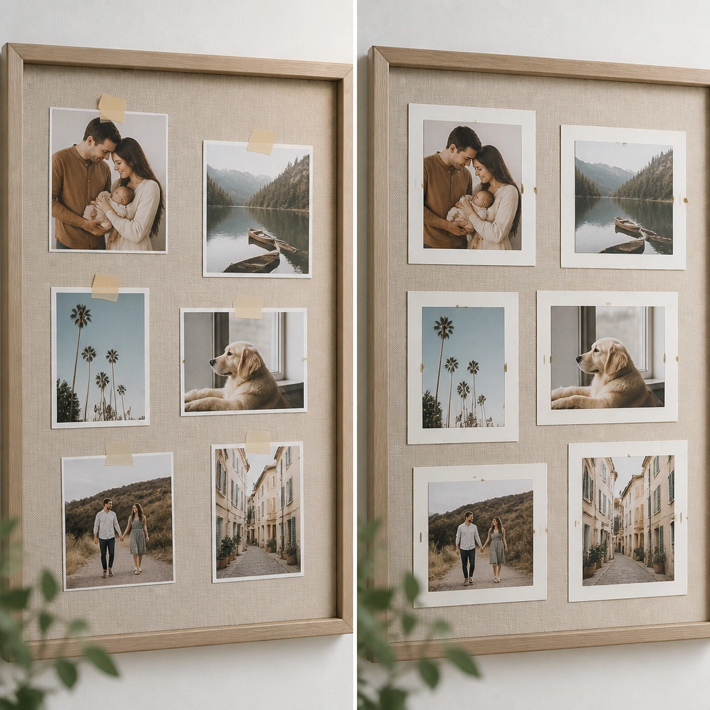 A before board has photos taped directly to the backing; after shows each photo mounted on a slightly larger cardstock mat, with a thin border and small cut-out tabs behind the photos.
