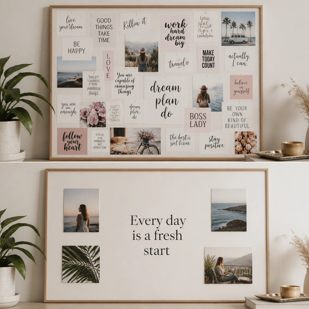 Before has many motivational quotes in different fonts; after has one large quote centered, with smaller details removed, and the rest of the board focuses on photos with lots of breathing space.