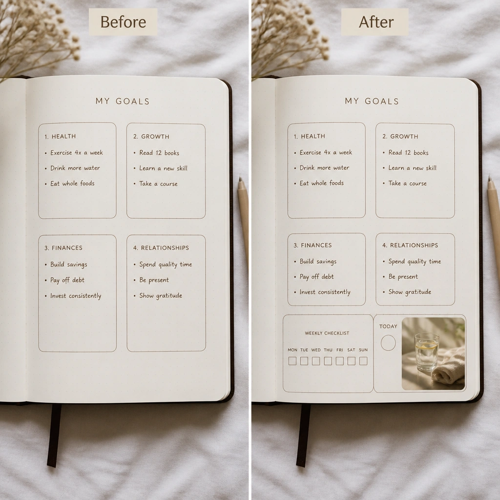 Before has goals spread evenly; after includes a dedicated bottom-right panel with a mini weekly checklist (Mon-Sun boxes) and a small “today” circle next to a habit photo.