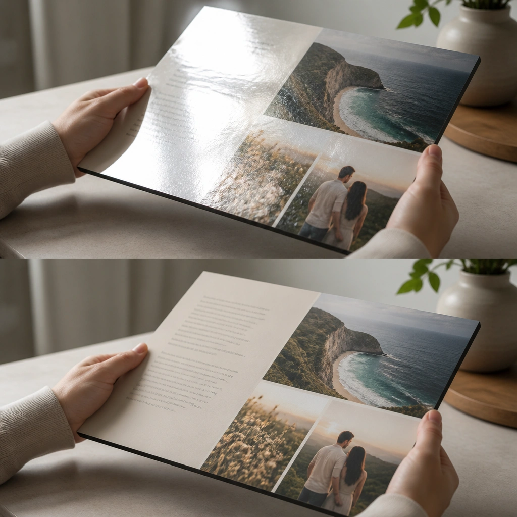 Before shows a glossy board catching light so text is hard to read; after shows the same layout behind a matte laminate sleeve, with photos still vibrant and text crisp, and a clean, smooth surface.
