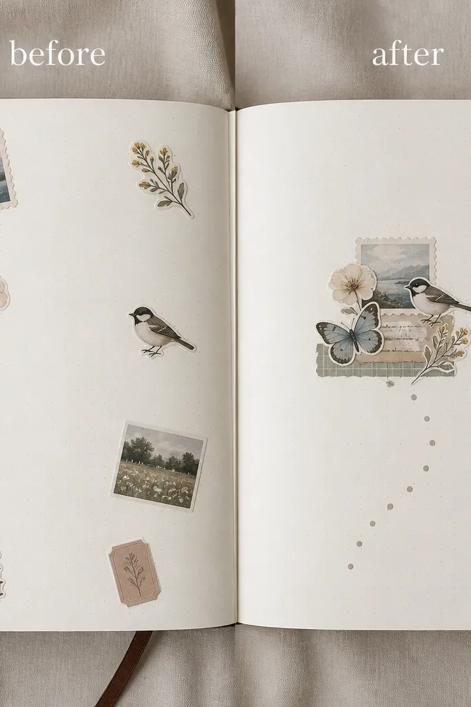A before/after collage: left page has stickers spread across the corners with no shared theme; right page has one sticker cluster anchored under the title with a small “path” of tiny dots leading to it. The right page also has a matching washi border on one edge.