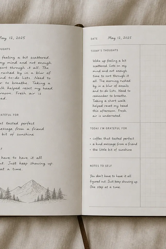 Two diary pages: the left shows freehand spacing with text bunched together; the right shows a subtle grid made from light gray pencil lines and thin black separators. Each section has a consistent label style with small uppercase headings.