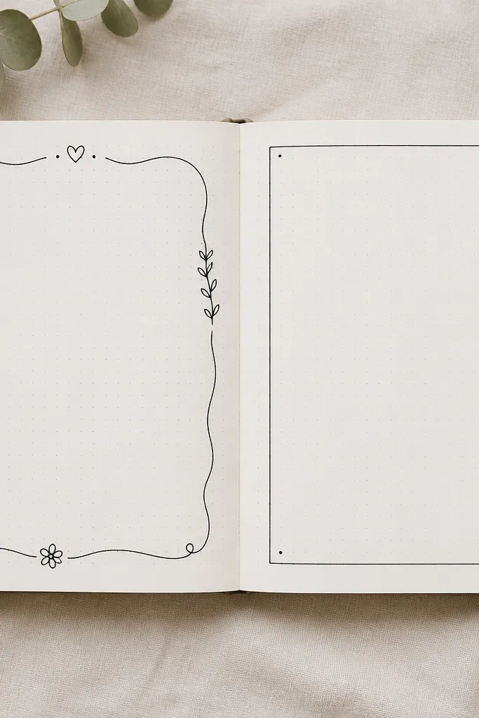 Before/after: left page has uneven doodle borders and mismatched thickness lines; right page has a simple rectangular frame with consistent line weight. Inside the frame, the title sits centered and small corner dots echo the frame corners.