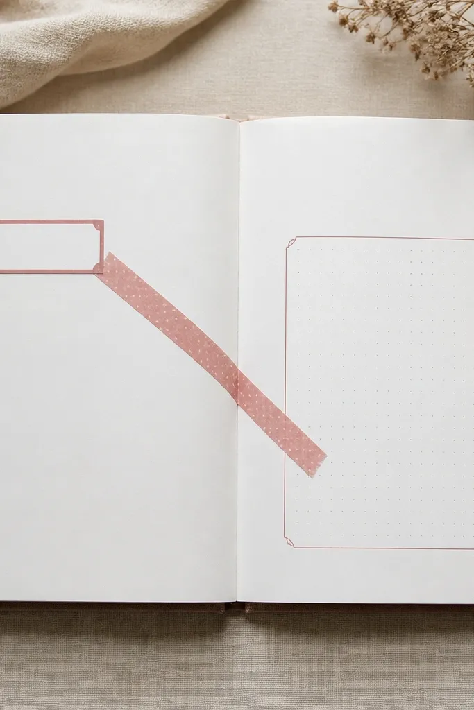 Two halves: left page has plain white space and a floating title; right page has a diagonal washi tape strip creating a “path” from the title to the main entry area. The tape color matches the accent color used in the writing.
