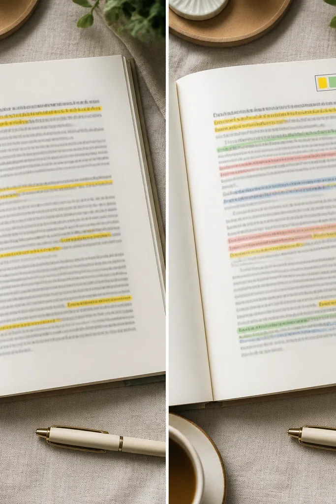 Before/after: left page has highlighted words but no visual color reference; right page has a small corner labeled “Today’s tones” with 4 tiny color swatches (marker or gel pen) and matching underlines in the text. The swatches are neatly boxed.