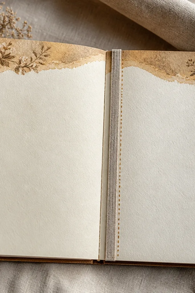 Two diary pages: the left has a paper-only separator line; the right has a narrow fabric strip (like a linen or cotton ribbon) glued along the divider area with tiny stitched-looking dots drawn beside it. The header area looks warmer and more textured.