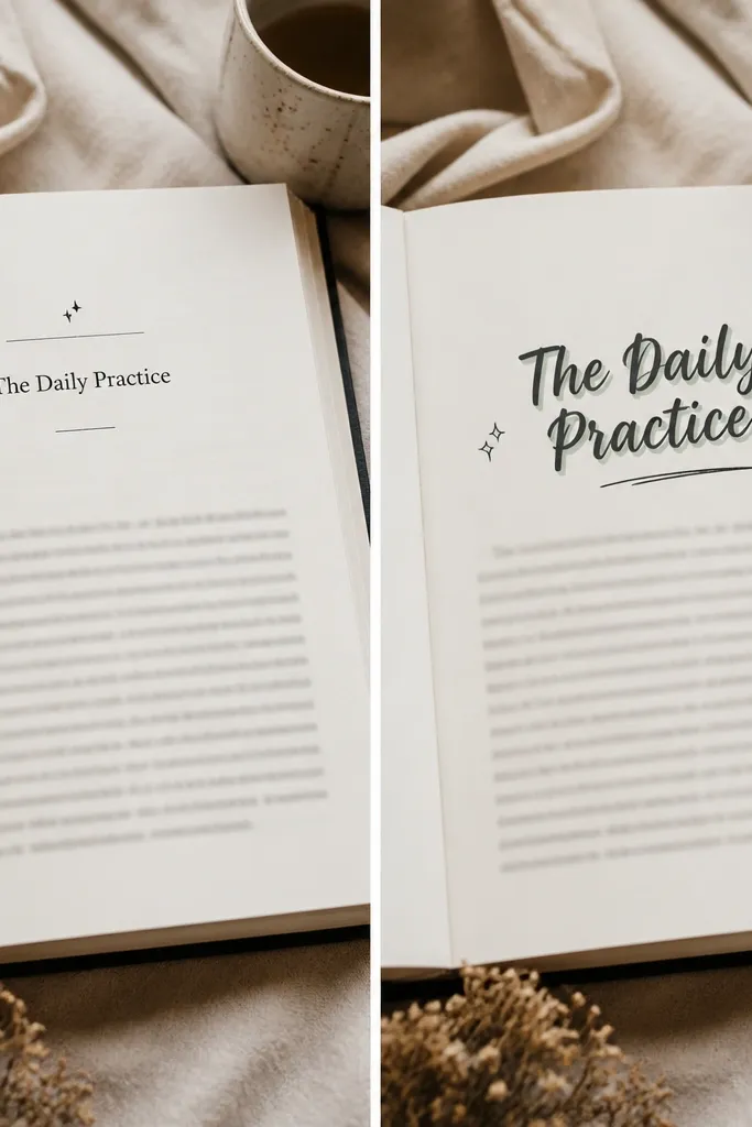 Before page has a simple printed-style title; after page shows a hand-lettered title with a subtle offset shadow in a muted color. The title is centered above the main text, with a small underline and two tiny sparkle doodles.