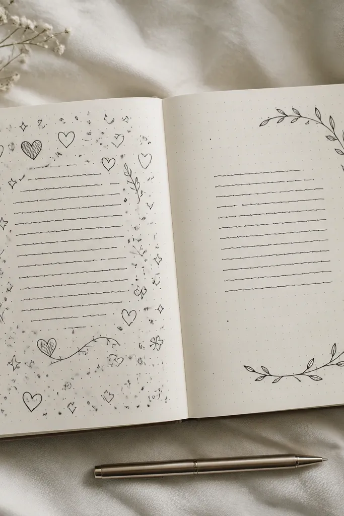 Before/after: the left page has many doodles everywhere (hearts, stars, swirls) and the text is visually crowded; the right page has one main doodle - a simple vine or branch - framing a single section, with minimal micro-dots elsewhere. The text block is clear and readable.