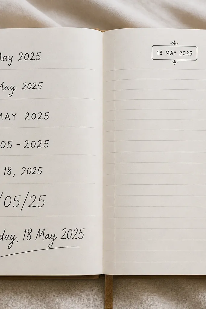 Two diary pages: left shows the date written in different styles and sizes; right shows a consistent “date stamp” style in a rounded rectangle with uniform font and spacing. Small decorative ticks sit at the top and bottom of the header.