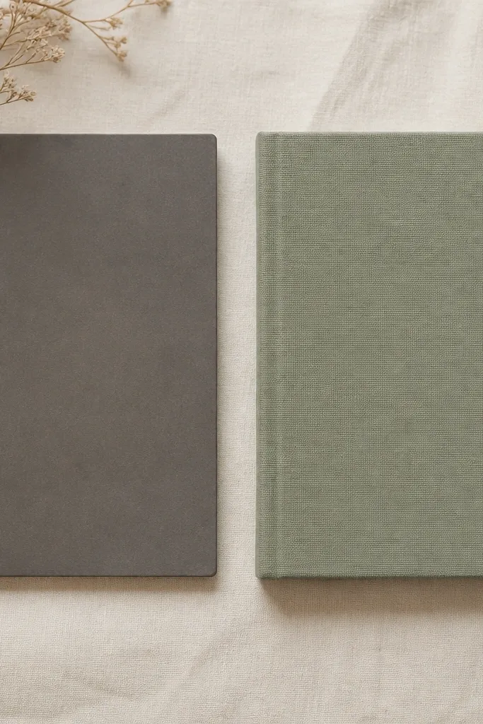Left: a plain notebook cover with a dull surface. Right: a wrapped cover in sage green fabric with neat mitered corners and small taupe faux-leather corner caps that look like a premium journal.