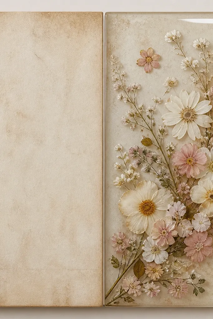 Left: blank diary cover with a worn texture. Right: a collage of pressed white and pink flowers arranged diagonally, with a glossy clear layer that catches light like a glass dome.