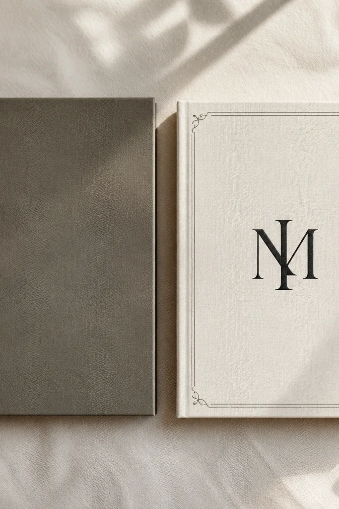 Left: a diary cover with dull color and no design. Right: a clean off-white cover with a centered vinyl monogram in black, plus a thin hand-drawn line art border in muted gray.