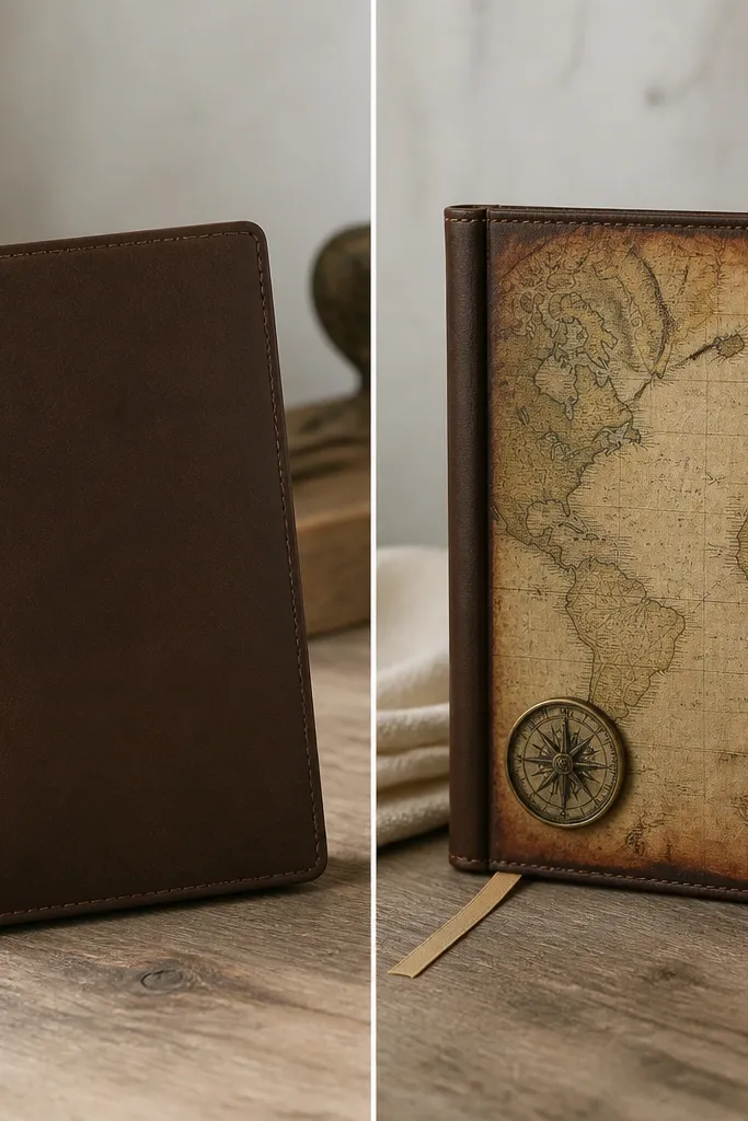 Left: plain diary cover in a single color. Right: a front panel made from an aged-looking map with browned edges, a small compass sticker near the bottom, and a ribbon bookmark in coordinating tan.