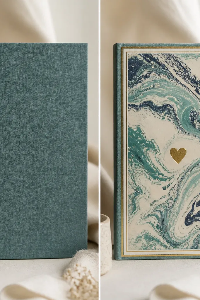Left: a diary cover with a plain, textured surface. Right: a marbled paper front in teal, cream, and soft navy, framed by two stacked sticker borders in gold and white, with a small heart icon centered.