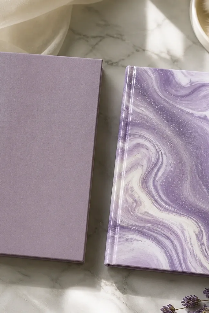 Left: plain cover with a dull finish. Right: a swirled acrylic-pour look in lavender and white with tiny shimmer, sealed under a glossy clear layer made to look smooth like resin.