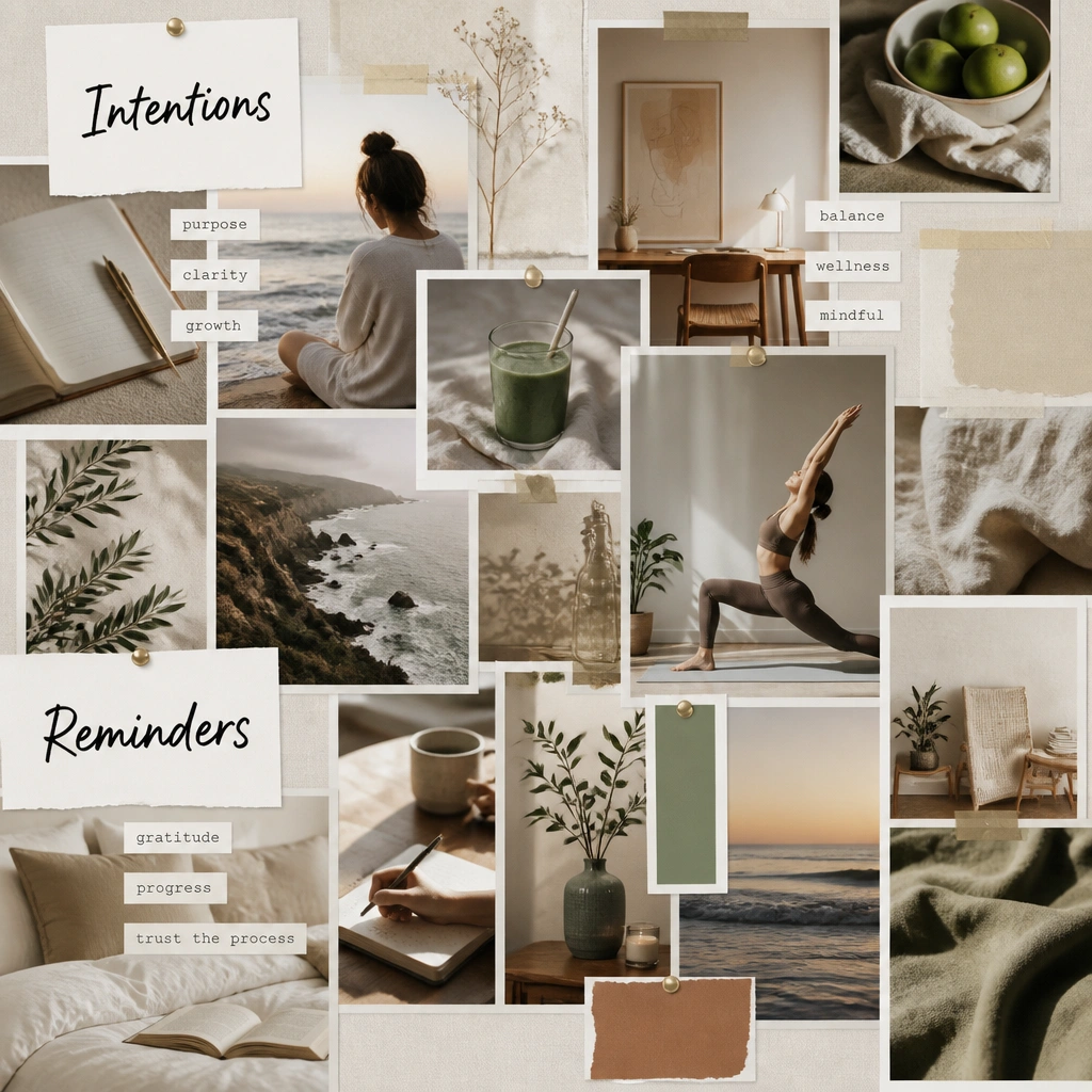 A vision board with only two headline styles: one bold handwritten-style label and one small typed label; no decorative fonts everywhere.
