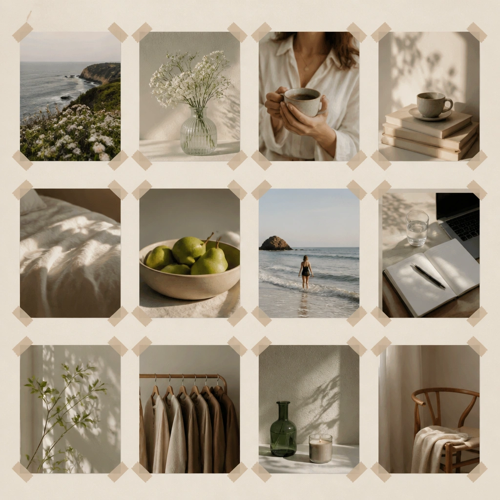 A vision board with a visible grid feel: photos arranged in rows and columns with equal spacing using washi tape squares.