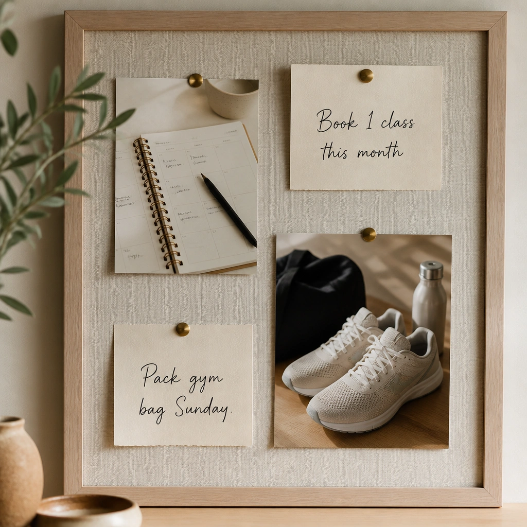A board with photos of a planner and a running shoe, plus captions like “Book 1 class this month” and “Pack gym bag Sunday.”
