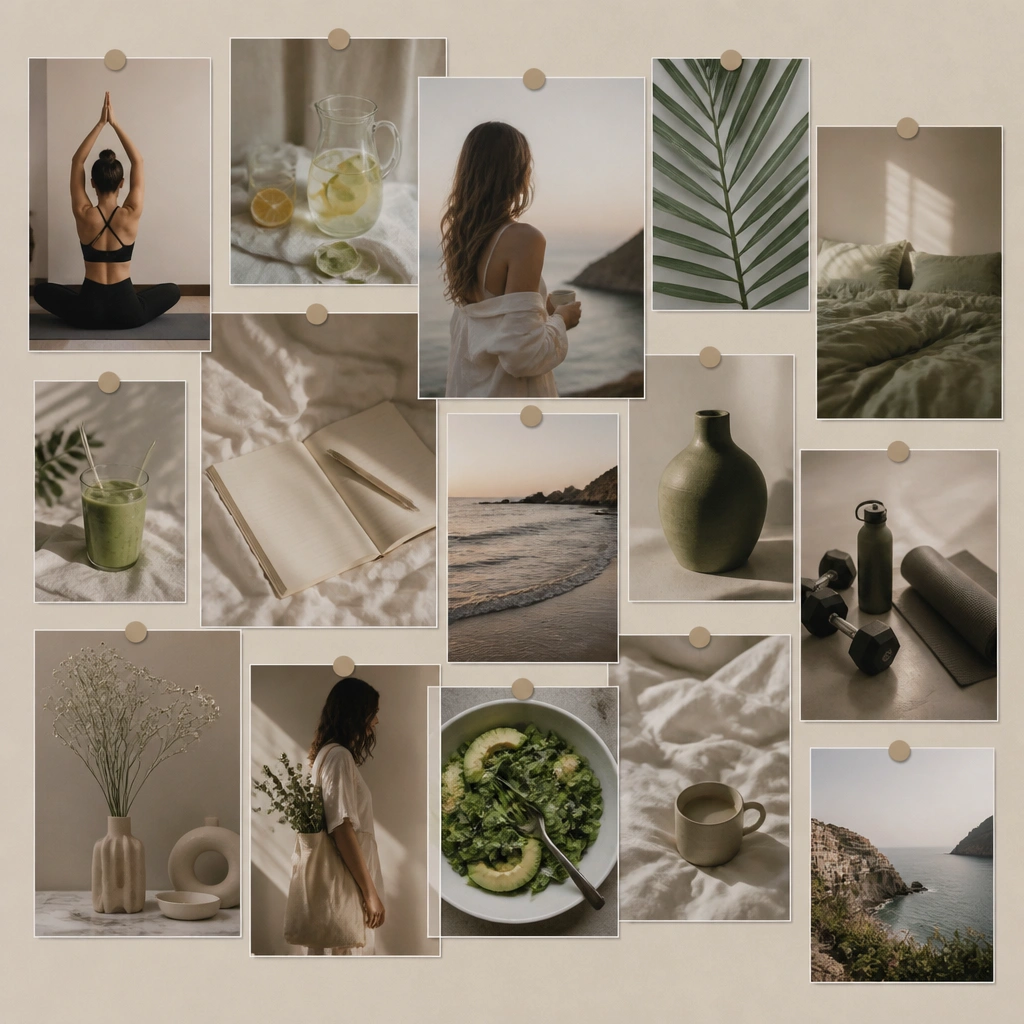 A vision board where all photos have a matte finish and sit on a neutral background; no glare spots across the images.