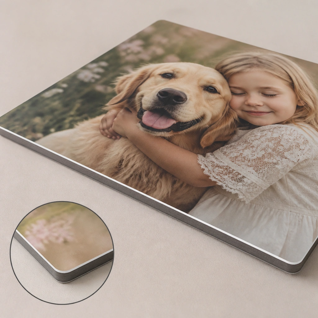A board showing a laminated photo with smooth edges and no bubbles; a small inset shows a correctly trimmed laminate corner.