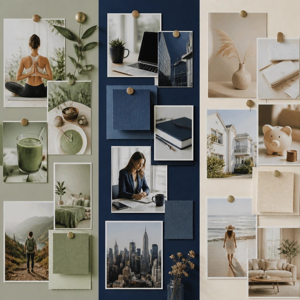 A vision board with three color zones: wellness (sage green), career (navy), and finances (cream), each with photos and labels in matching tones.