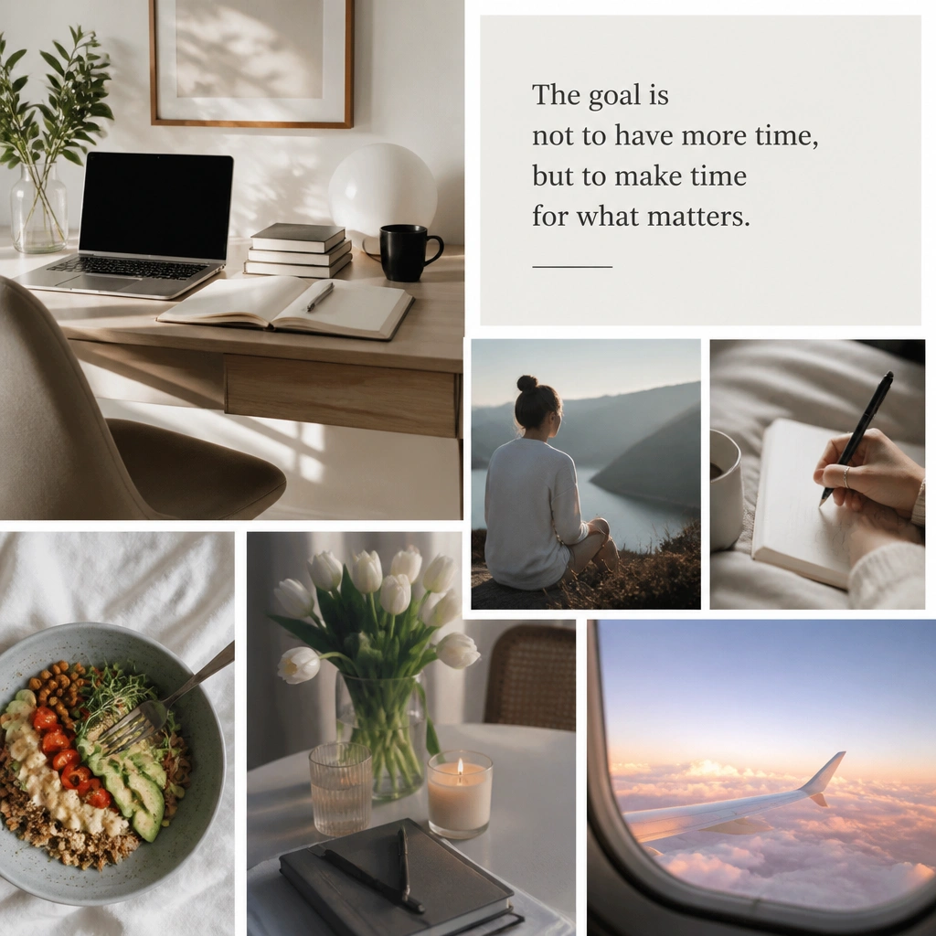 A vision board with crisp, high-resolution images: a clean photo of a desk setup and a readable screenshot-style quote card.