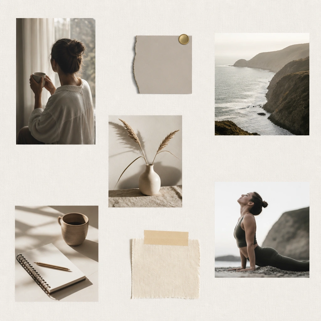 A vision board with intentional negative space: only a few photos per section, with light background showing between elements.