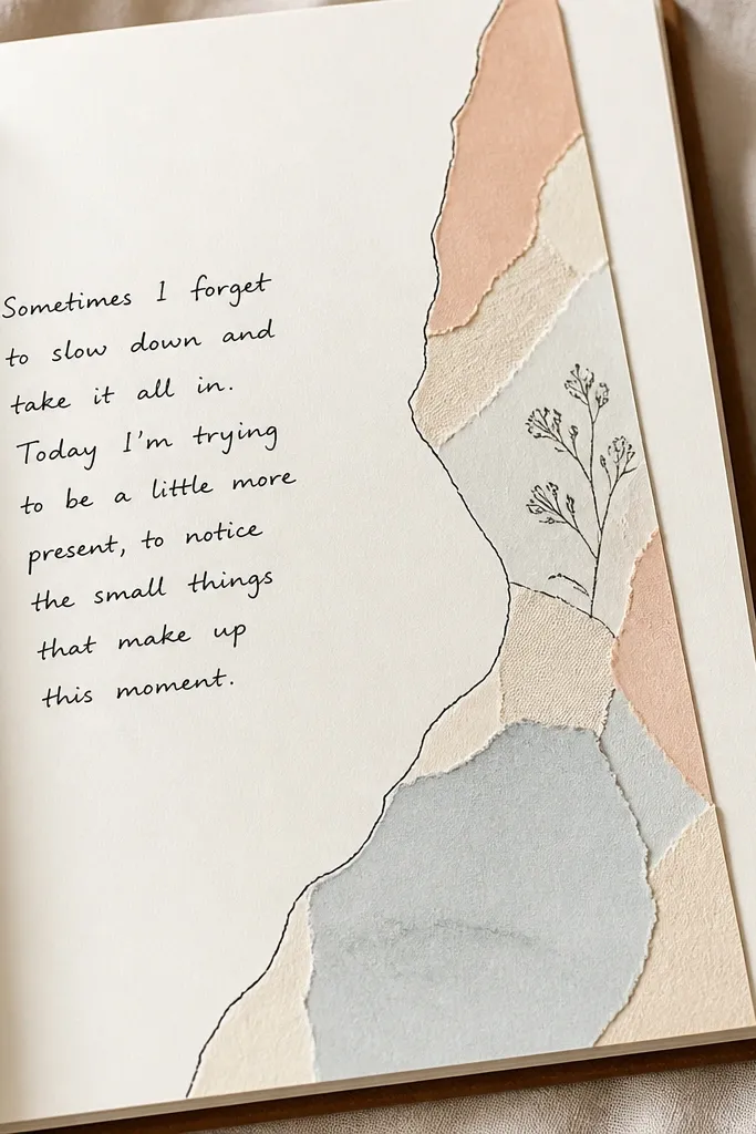A diary page with a diagonal collage strip. The paper pieces have torn edges and soft pastel colors (peach, pale blue, cream). A thin line of ink outlines the collage, and handwritten notes sit on top of plain paper.