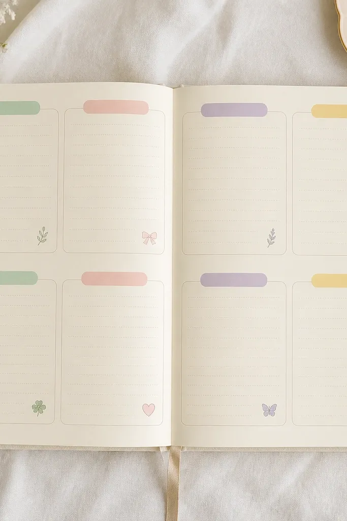 A diary spread with a neat 2x4 grid. Each section has a colored label at the top (mint, blush, lavender, butter). The rest is blank lined space with tiny icons in the margins.
