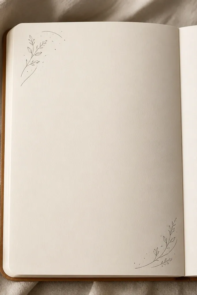 The bottom-right and top-left corners of a diary page have small doodles. There are tiny leaf sprigs and curved lines in muted gray ink, with a few micro splatters near the corners.