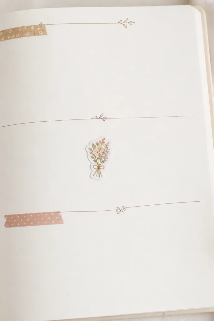 A diary page divided into three horizontal blocks. One block has a single small sticker (a tiny bouquet), the other blocks have washi tape strips and handwritten headers. Everything stays airy with lots of white space.