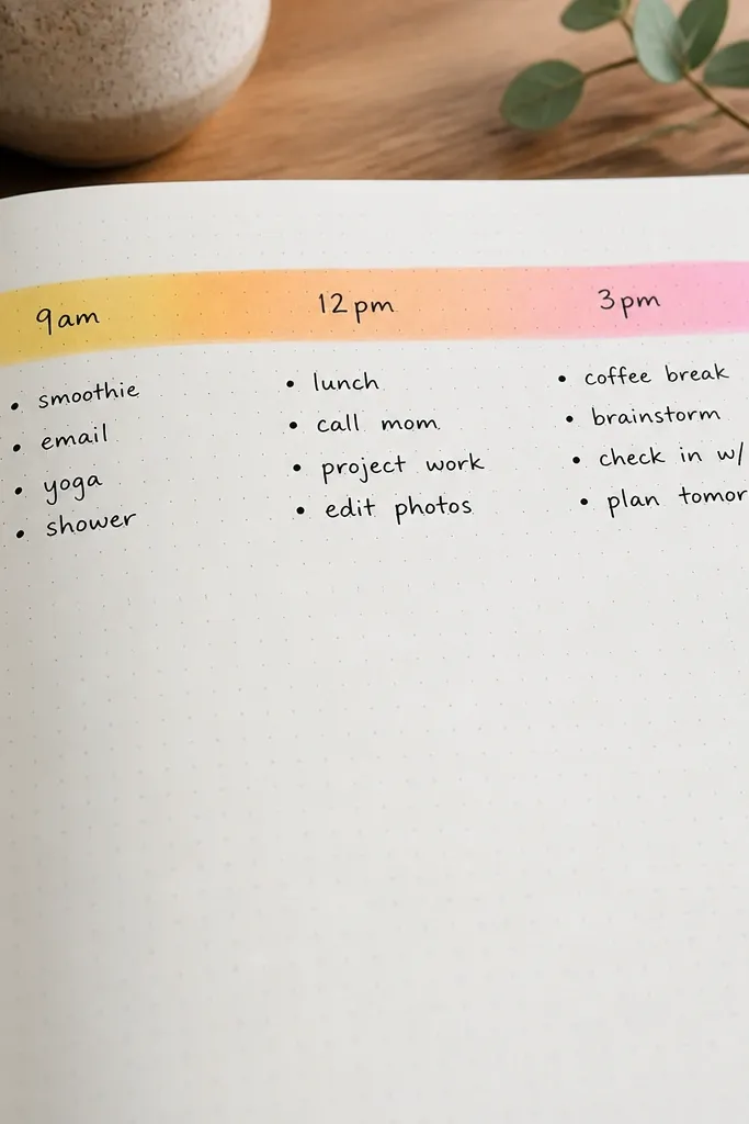 A diary page with a horizontal strip near the top labeled with times (e.g., 9am, 12pm, 3pm). Under each time is a small handwritten bullet list. The strip has a soft color gradient made with highlighter.