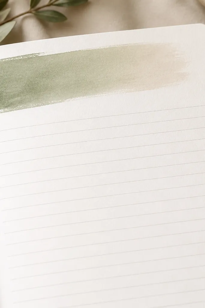 A diary page title sits on top of a watercolor title bar that looks like dry brush strokes. Colors are muted (sage green fading to cream), with visible paper texture. The rest of the page is clean and lined.