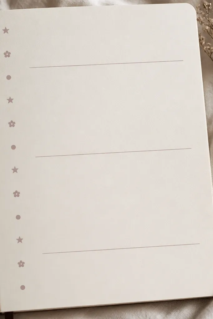 A diary page where the left margin has small, evenly spaced icon stamps (stars, flowers, dots) aligned to a ruler. The main writing area stays mostly blank with a few underlined lines.