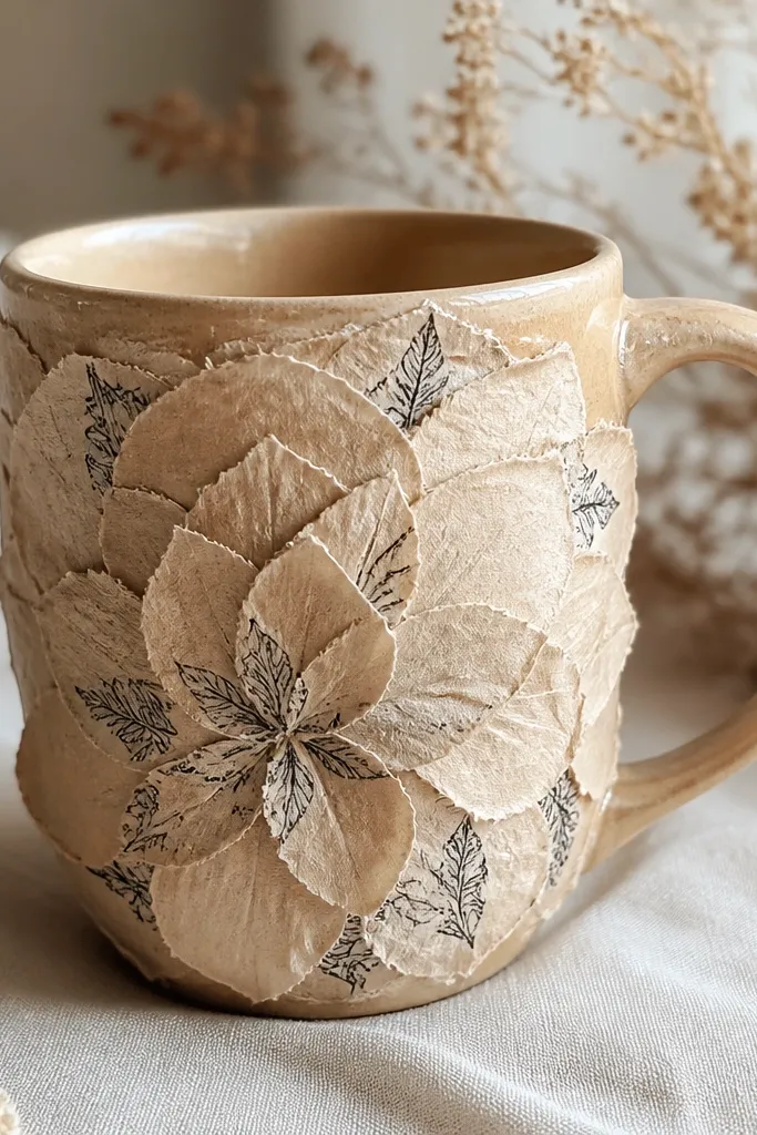 A tan ceramic mug covered in layered torn book pages forming a soft flower shape, with darker ink lines peeking through and a shiny clear finish.