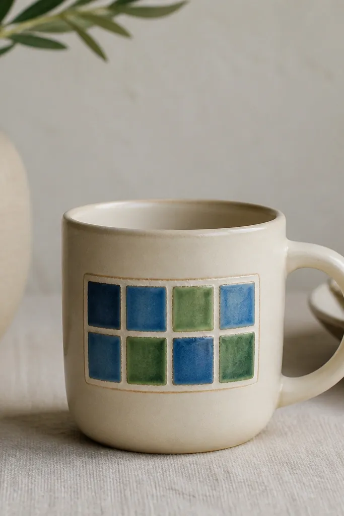 A cream mug with a small rectangular “tile” panel on the side, featuring blue and green squares separated by hand-painted white grout-like lines.