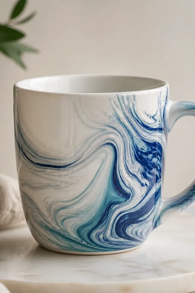 A white mug with a marbled swirl pattern concentrated around the area near the handle, with navy, teal, and pearl white ribbons under a glossy topcoat.