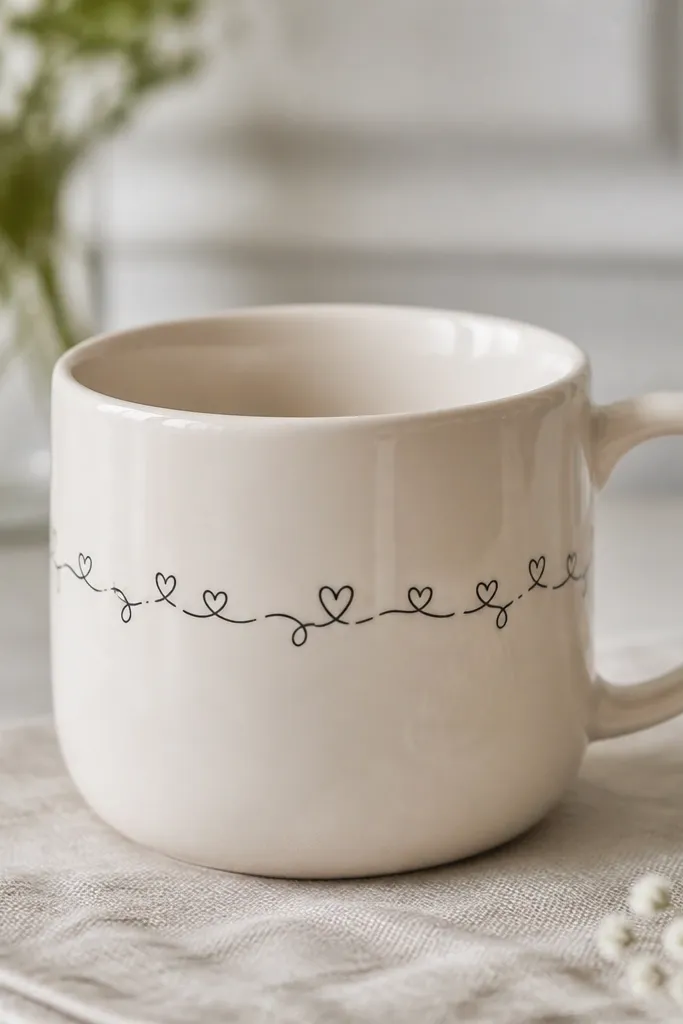 A light-colored mug with a thin black doodle border (tiny hearts and loops) around the middle and a clear shiny finish.