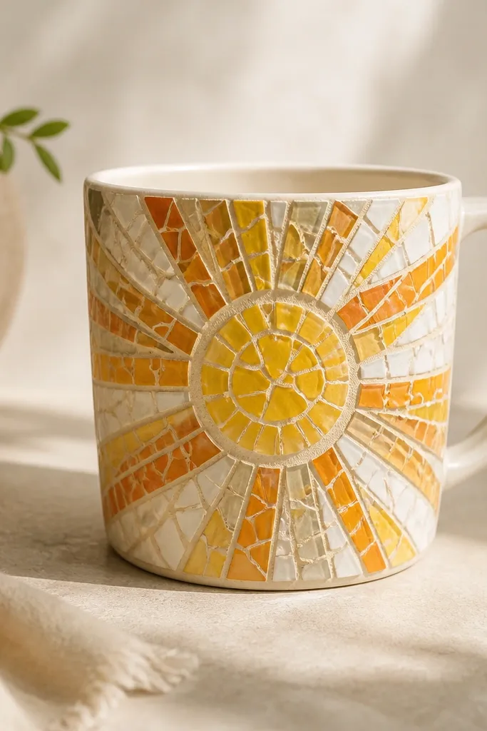 A mug covered on one side with a sunburst mosaic made from small broken tile pieces in warm yellows, oranges, and white, with grout-like lines filling gaps.
