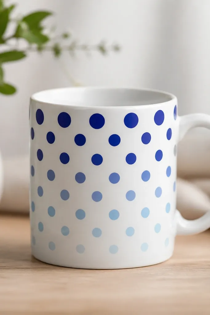 A mug with evenly spaced polka dots that fade from dark to light blue from top to bottom; the pattern is crisp and symmetrical.