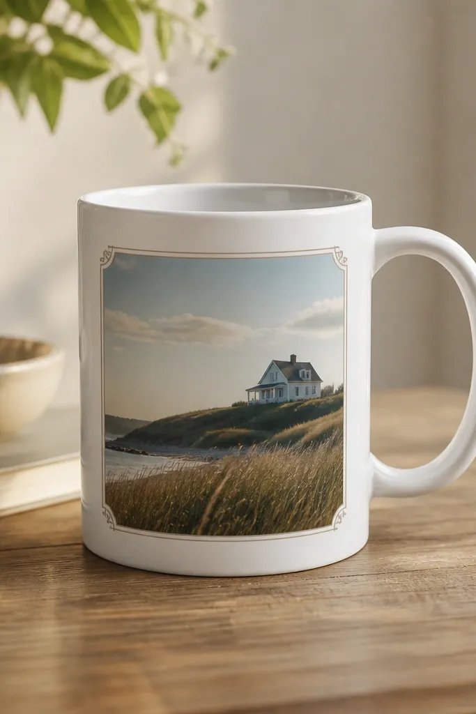 A white mug with a photo-like label centered on the side, surrounded by a thin decorative frame; the top rim area has a clean, uncoated border.