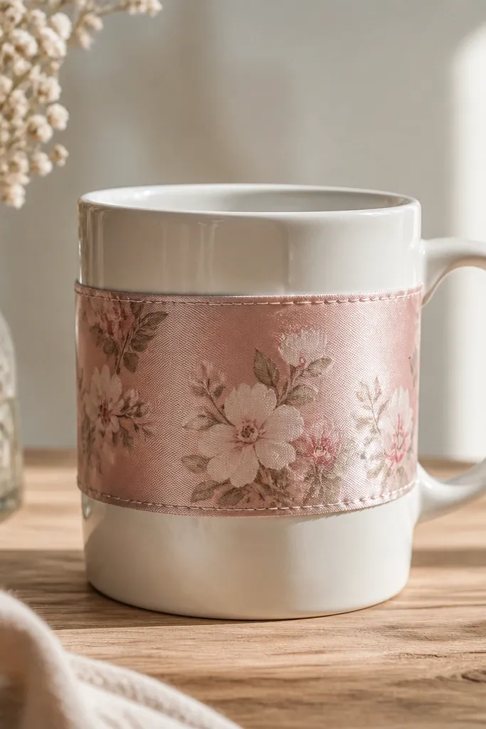 A mug wrapped with a satin ribbon band featuring a subtle floral print; the ribbon is secured with neat seams and a glossy seal where it meets the ceramic.