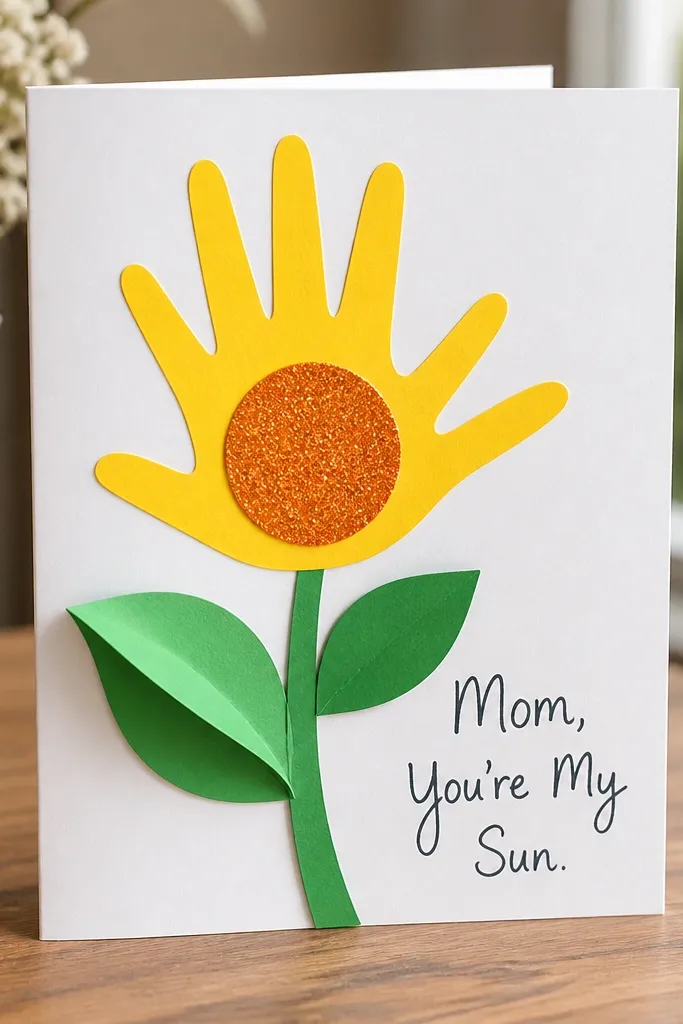 A handmade card with a bright yellow paper handprint shaped like a sunflower. The center is a circle of orange glitter paper, and layered green paper leaves pop off the page. The card has a handwritten-style “Mom, You’re My Sun.”