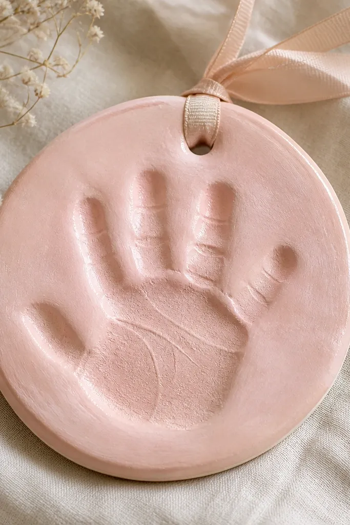 A round medallion made from light beige dough, with a kid’s handprint pressed in the center. A ribbon is tied through a small hole at the top. The medallion is lightly painted in pastel pink and sealed with a soft sheen.